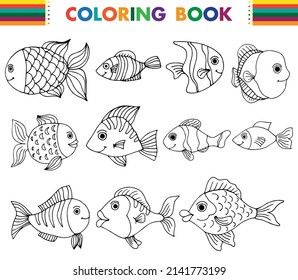 A set of cute fishes for coloring. Vector illustration.