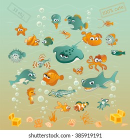 Set of cute fishes and sea stuff. Cartoon style. 33 stylish objects.