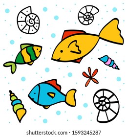 Set of cute fishes and shells doodle icons