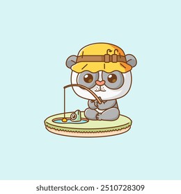 set Cute fishing fish panda on island kawaii chibi character mascot illustration outline style design