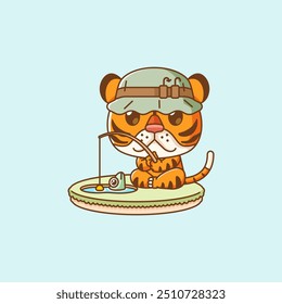 set Cute fishing fish tiger on island kawaii chibi character mascot illustration outline style design