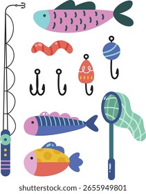 Conjunto de Ilustración vectorial de pesca linda Red de pesca Peces coloridos 