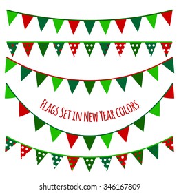 Set of cute flag garlands in New Year colors. Stock vector.