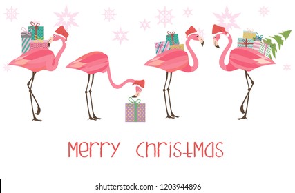 Set cute flamingo and gift boxes. Merry Christmas illustration.  Editable vector illustration