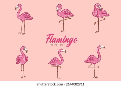 Set of Cute Flamingo pink Bird flamingos Aesthetic Tropical Exotic Hand drawn flat style collection