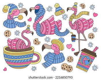 Set of cute flamingo in winet. Pink bird wearing hat and scarf. Cozy winter elements. Mug of coffee, cocoa, cookies, sweets. Happy holiday. Season cartoon vector illustration. Isolated on white