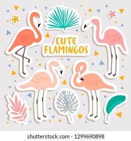 set with cute flamingos and tropical leaves stickers. cute summertime stickers set with flamingos