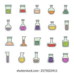 Set of cute flask lab outline clipart illustrations with various shapes, objects and equipment for scientific experiments chemistry research laboratory for yours creative design elements