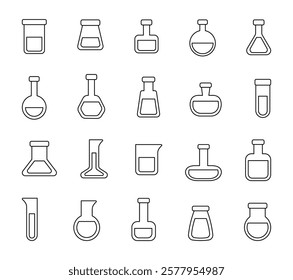 Set of cute flask lab outline clipart illustrations with various shapes, objects and equipment for scientific experiments chemistry research laboratory for yours creative design elements