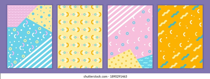 Juego de cubrecamas abstractas planas y lindas. Colección de plantillas coloridas para banners, páginas de libros, tarjetas, cuadernos, fondos, portadas, folletos. Ilustración vectorial.