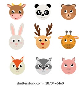 Set of cute flat animals face. Vector illustration. 