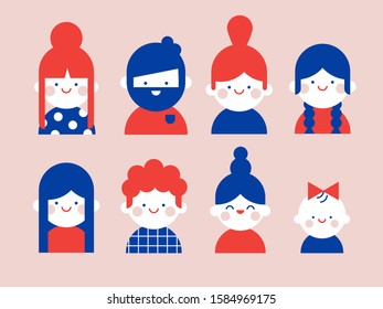 Set of cute flat avatars icons. Positive and happy male and female characters. Funny bright vector illustrations.