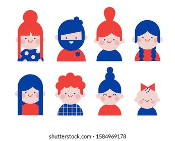 Set of cute flat avatars icons. Positive and happy male and female characters. Funny bright vector illustrations.