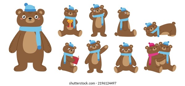 Set of cute flat bears isolated on white background