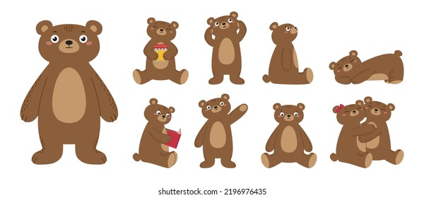 Set of cute flat bears isolated on white background