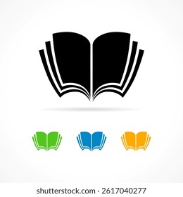 Set of cute flat book icons. Colored design. Educational graphic elements. Open book with pages creative shape. School logo template. Sample isolated concept. Black, blue, green and yellow colors.