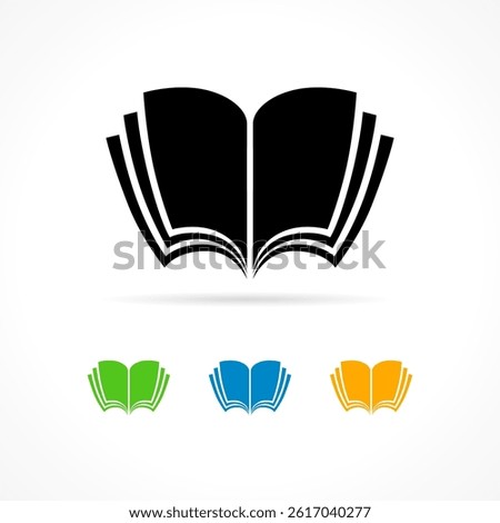 Set of cute flat book icons. Colored design. Educational graphic elements. Open book with pages creative shape. School logo template. Sample isolated concept. Black, blue, green and yellow colors.