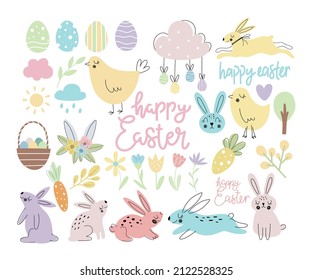 Set of cute flat cartoon characters and design elements for Easter holiday. Easter bunny, chicken,  lettering happy easter, eggs, flowers and other vector elements.