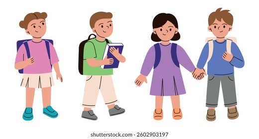Set of cute flat cartoon characters, school children with backpacks and books, boys and girls walking to school. Vector illustration on education, childhood, learning, back to school collection