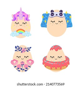 Set of cute flat cartoon Easter egg illustrations. Vector of funny characters with a smiling expression. Cute mascot designs include panda masks for sleep, unicorn with rainbow, sweet donut and flower