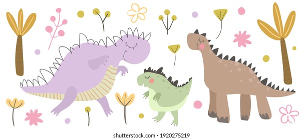 Set of cute flat dinosaur, Illustrations of dino  for children, Dino cartoon characters isolated on white background, Dinosaur era vector