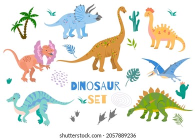 Set of cute flat dinosaurs. Funny prehistoric lizards for kids. Vector illustration isolated on white background.