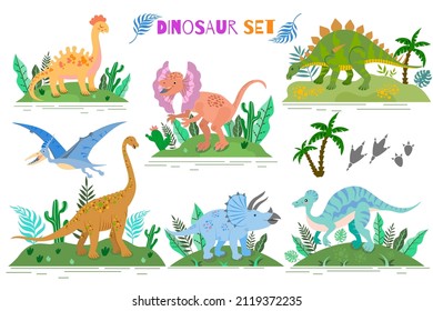 Conjunto de lindos dinosaurios planos. Bonitos lagartos prehistóricos para los niños. Colección de reptiles antiguos con entorno vegetativo. Animales Jurásicos. Ilustración vectorial aislada en fondo blanco.