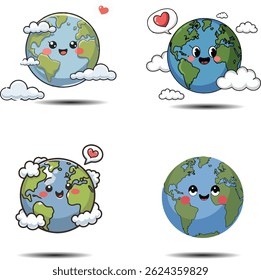 set of cute flat earth cartoon World concept design vector illustration