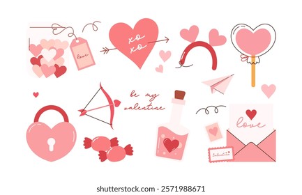 Set of Cute Flat Hand Drawn Valentine's Day Elements. Lovely Pink and Red Valentine's Icon Collection Illustration.