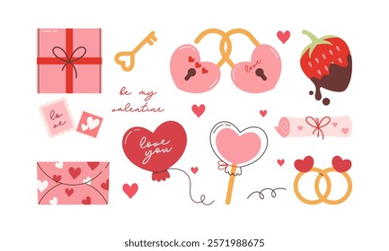 Set of Cute Flat Hand Drawn Valentine's Day Elements. Lovely Pink and Red Valentine's Icon Collection Illustration.