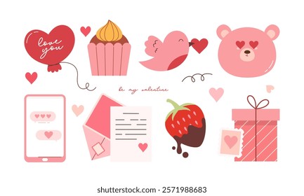 Set of Cute Flat Hand Drawn Valentine's Day Elements. Lovely Pink and Red Valentine's Icon Collection Illustration.