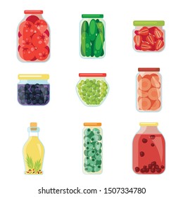 Set of cute flat homemade kitchen conservation fruits and vegetables.