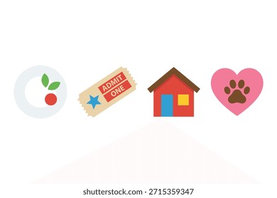Conjunto de iconos planos lindos que incluyen comida, boleto, casa y pata de impresión en forma de corazón.