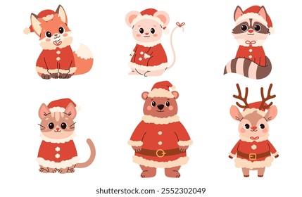 Set of cute flat illustrations with Christmas theme. Collection of animals in Santa Claus costume in children's style, raccoon mouse hare fox deer bear on white background. Vector illustration