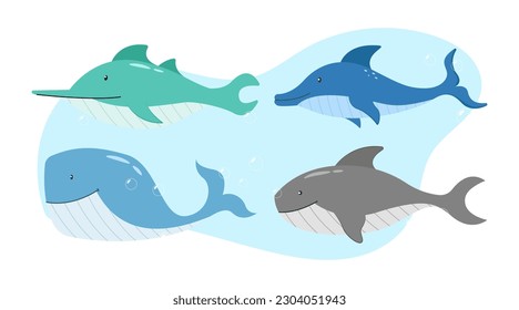 Set of cute flat marine animals