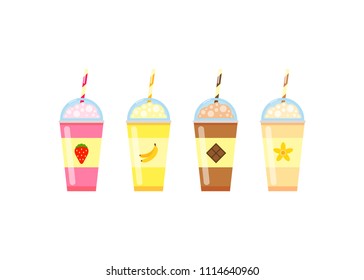 Set of cute flat milkshakes to go with strawberry, banana, chocolate and vanilla flavors isolated on white background.