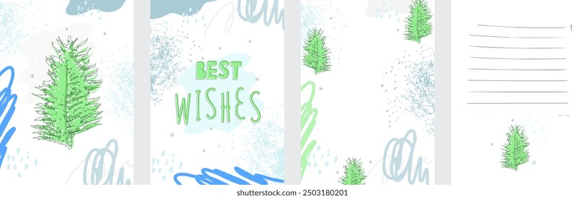 Set of cute flat new year postcard with frame and empty space for lettering greetings words best wishes. Hand drawn vector illustration