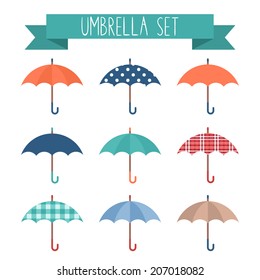 Set of cute flat style autumn umbrellas with various patterns and textures