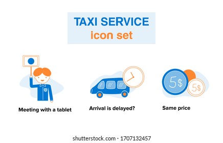 A set of cute flat style icons for transfer or taxi service, small business, app, website.