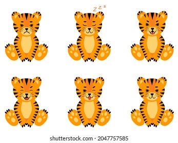 Set of cute flat tiger faces. Funny doodle animals. Little tiger in cartoon style. All kinds of emotios as sad, puzzled, happy etc.