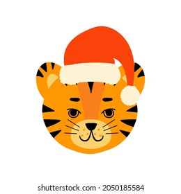 Set of cute flat tiger faces. Funny doodle animals heads with santa hat. Little tiger in cartoon style. All kinds of emotios as sad, puzzled, happy etc.