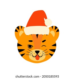 Set of cute flat tiger faces. Funny doodle animals heads with santa hat. Little tiger in cartoon style. All kinds of emotios as sad, puzzled, happy etc.
