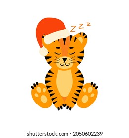 Set of cute flat tiger faces. Funny doodle animals heads with santa hat. Little tiger in cartoon style. All kinds of emotios as sad, puzzled, happy etc.