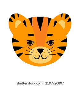 Set of cute flat tiger faces. Funny doodle animals. Little tiger in cartoon style. All kinds of emotios as sad, puzzled, happy etc.