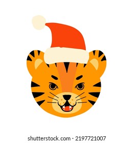 Set of cute flat tiger faces. Funny doodle animals heads with santa hat. Little tiger in cartoon style. All kinds of emotios as sad, puzzled, happy etc.