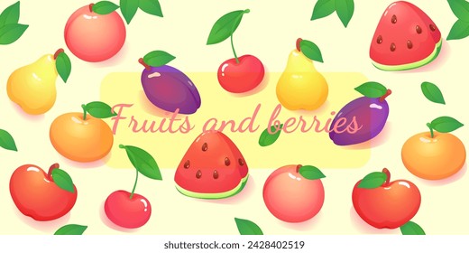 Set of cute flat vector fruits and berries:apple, strawberry, raspberry blackberry, currant, peach, watermelon, grapes, plum, cherry, pear, tangerine, gooseberry, black currant, pineapple, lemon.