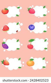 Set of cute flat vector fruits and berries:apple, strawberry, raspberry blackberry, currant, peach, watermelon, grapes, plum, cherry, pear, tangerine, gooseberry, black currant, pineapple, lemon.