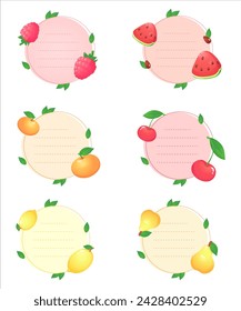Set of cute flat vector fruits and berries:apple, strawberry, raspberry blackberry, currant, peach, watermelon, grapes, plum, cherry, pear, tangerine, gooseberry, black currant, pineapple, lemon.