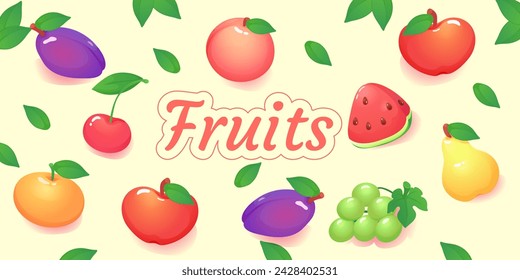 Set of cute flat vector fruits and berries:apple, strawberry, raspberry blackberry, currant, peach, watermelon, grapes, plum, cherry, pear, tangerine, gooseberry, black currant, pineapple, lemon.