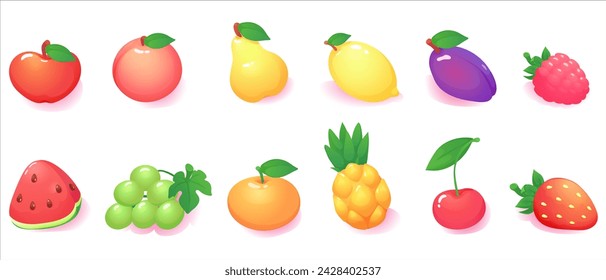 Conjunto de lindas frutas y bayas de vector plano: manzana, fresa, frambuesa, mora, grosella, melocotón, sandía, uvas, ciruela, cereza, pera, mandarina, grosella espinosa, grosella negra, piña, limón.